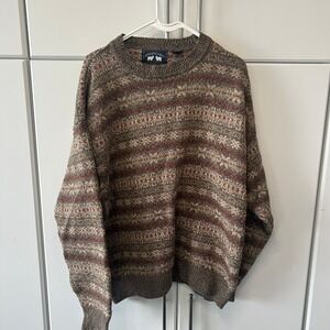 Woods & Gray Mens XL Silk Wool Blend Fair Isle Crewneck Sweater Brown Earth